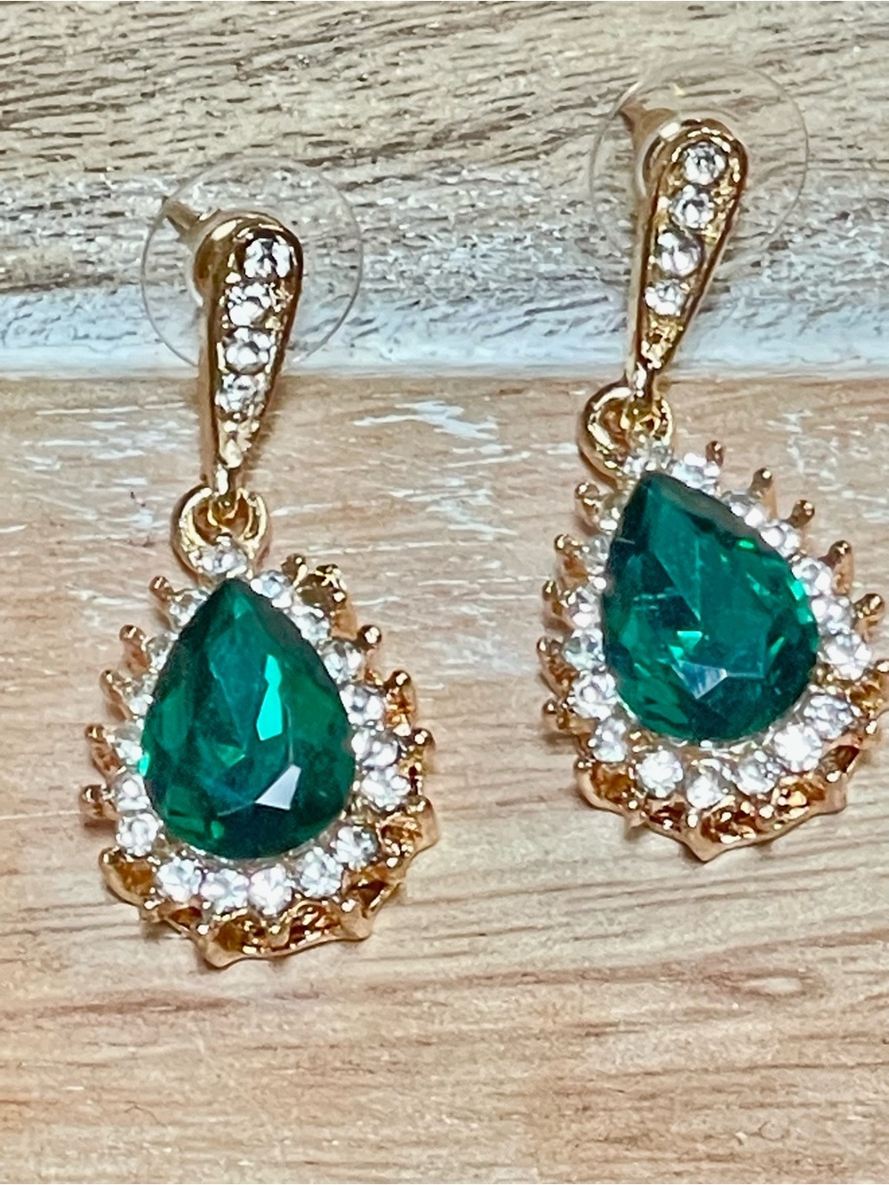 Green Glass Crystal Teardrop Earrings with Clear Halo in Gold-Tone Setting